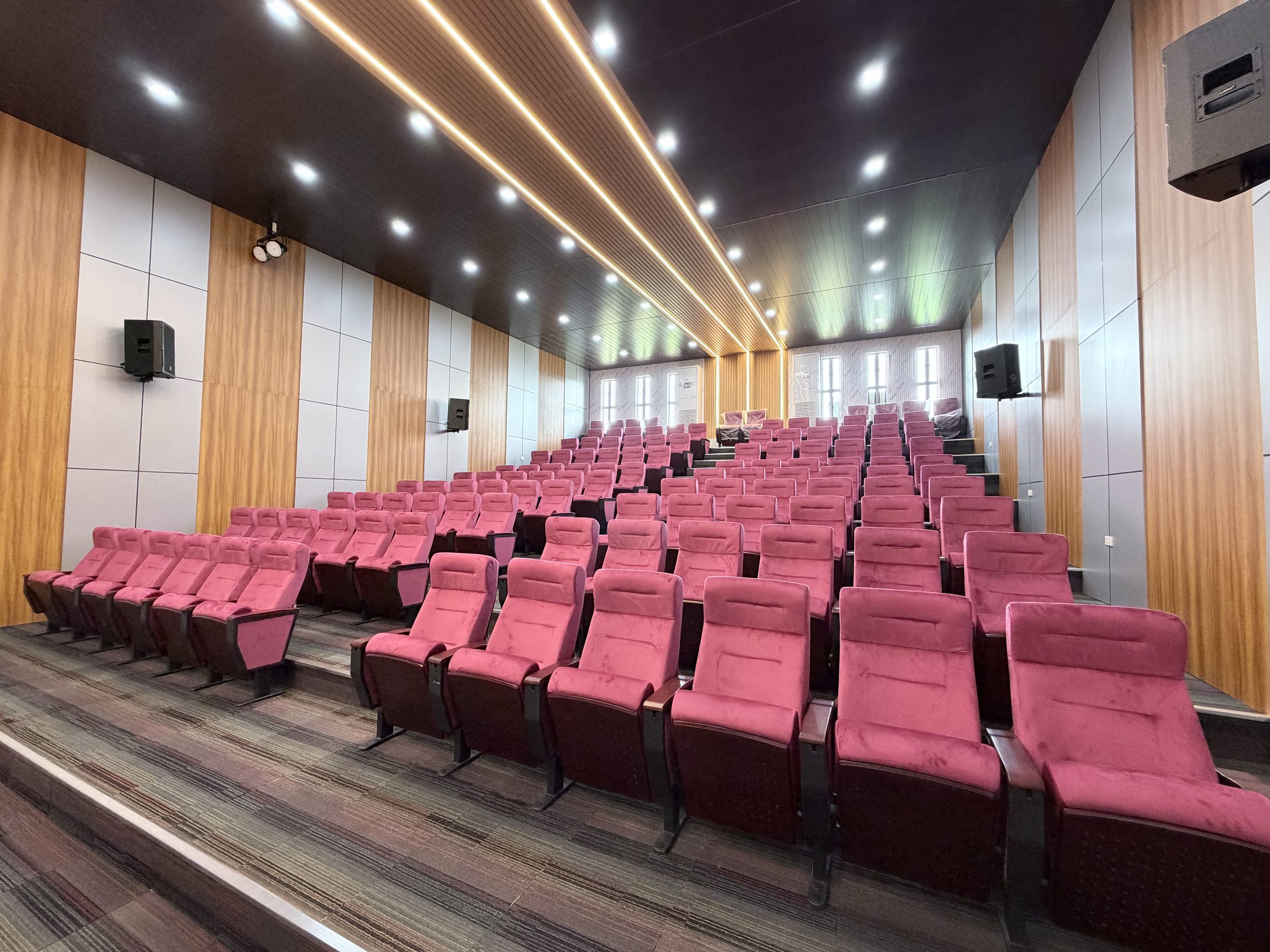 Arcinas Hall seen from the front corner: rows of mauve upholstered seats rising toward the back wall, oak-slat side panelling, and gold linear ceiling lights running the length of the room.